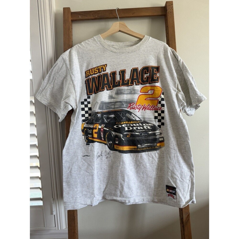 Vintage 90s NASCAR Rusty Wallace #2 T Shirt Men's L Double Sided SIGNED